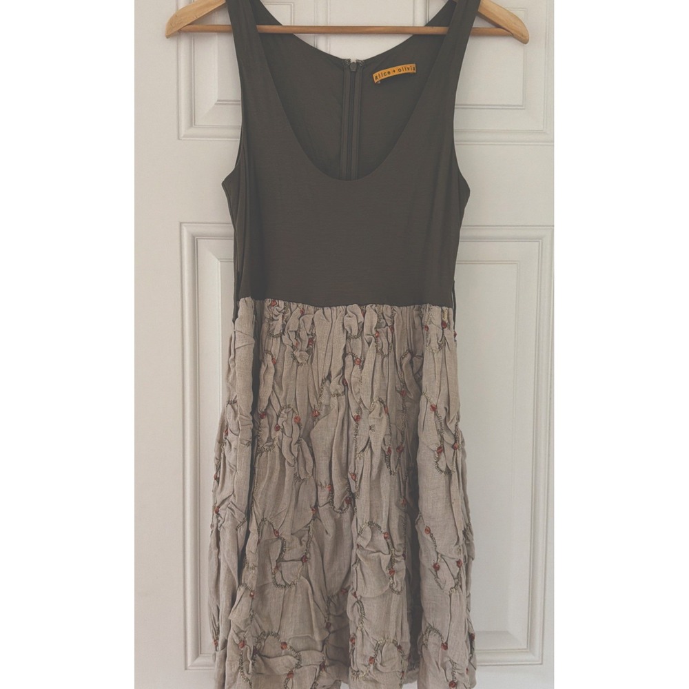 Alice + Olivia Vtg Linen Crinkled Embroidered Mini Tank Dress S Scoop Neck Boho